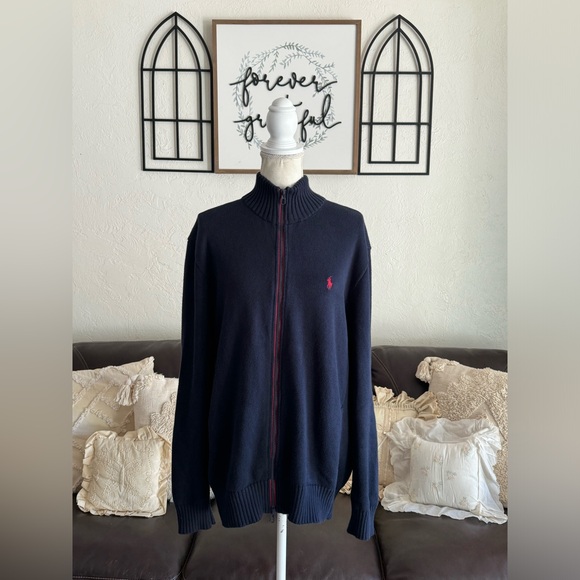 Polo Ralph Lauren Navy Blue Full Zip Cable Knit Sweater Men’s Size XL Classic - Picture 14 of 15
